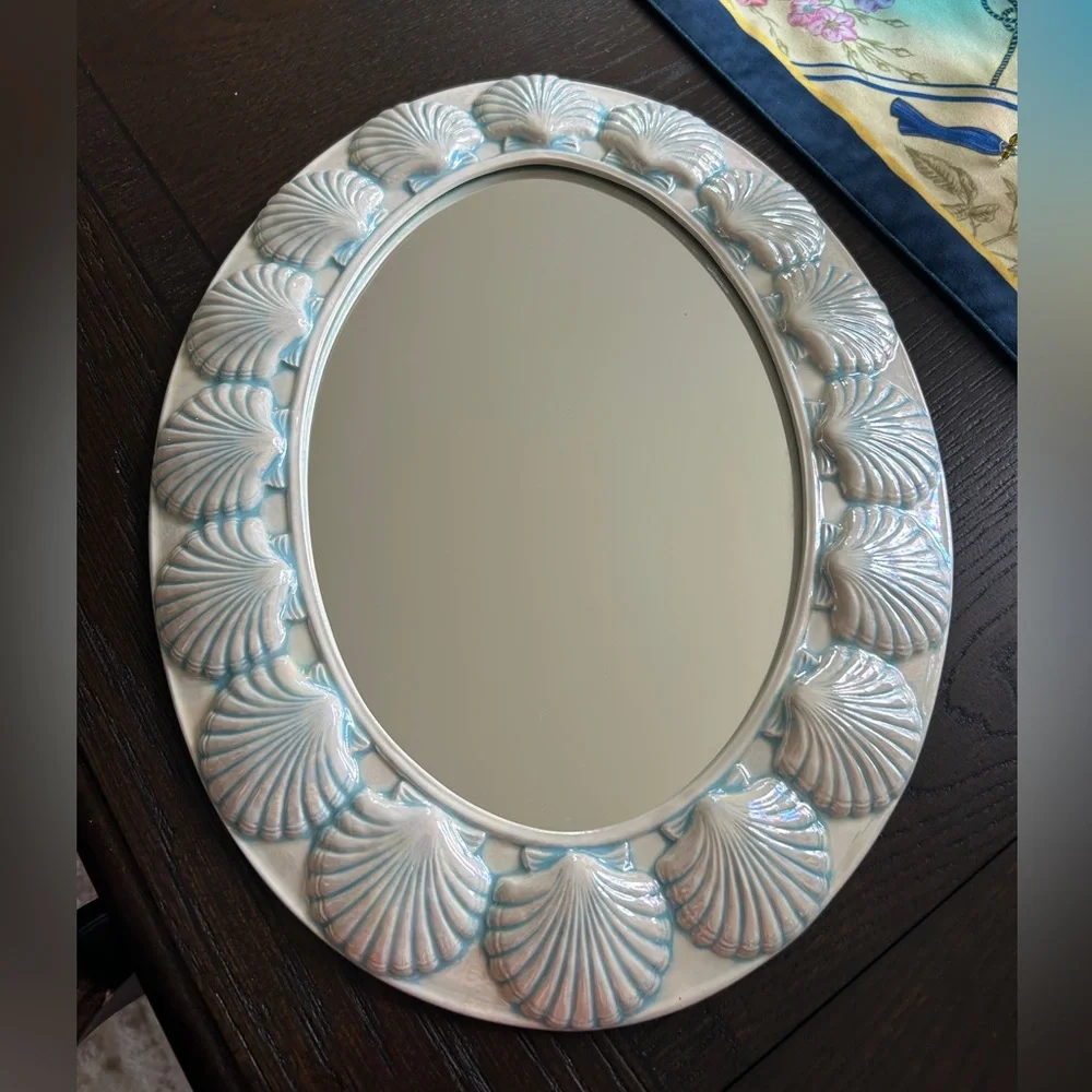 Vintage RARE Ceramic Hand Painted Scallop Seashell Oval Framed Wall Mirror